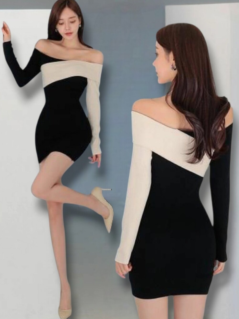 New🖤Women's Black/Cream Color Block Off-Shoulder Rib Knit Dress